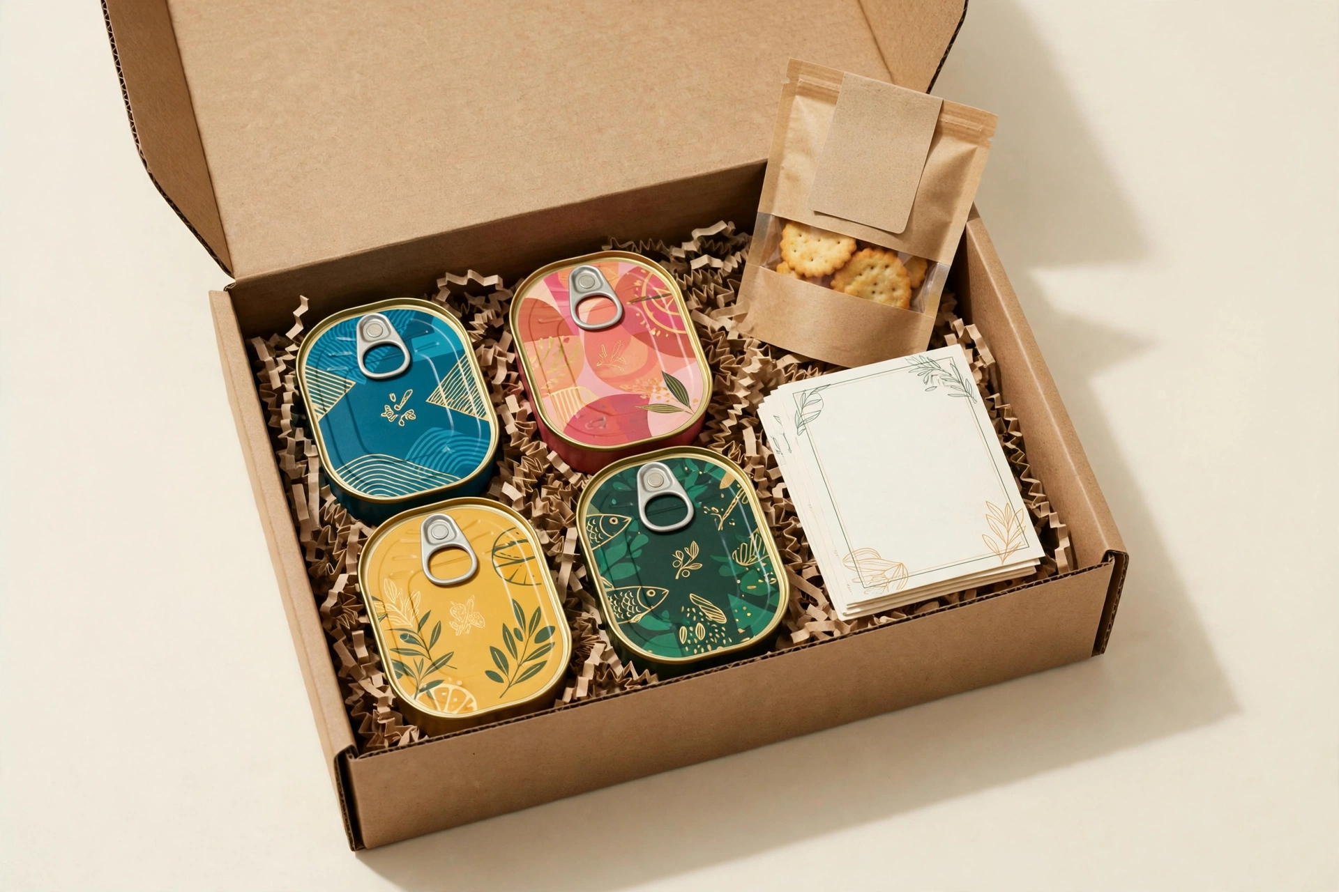 A subscription box of premium sardine tins