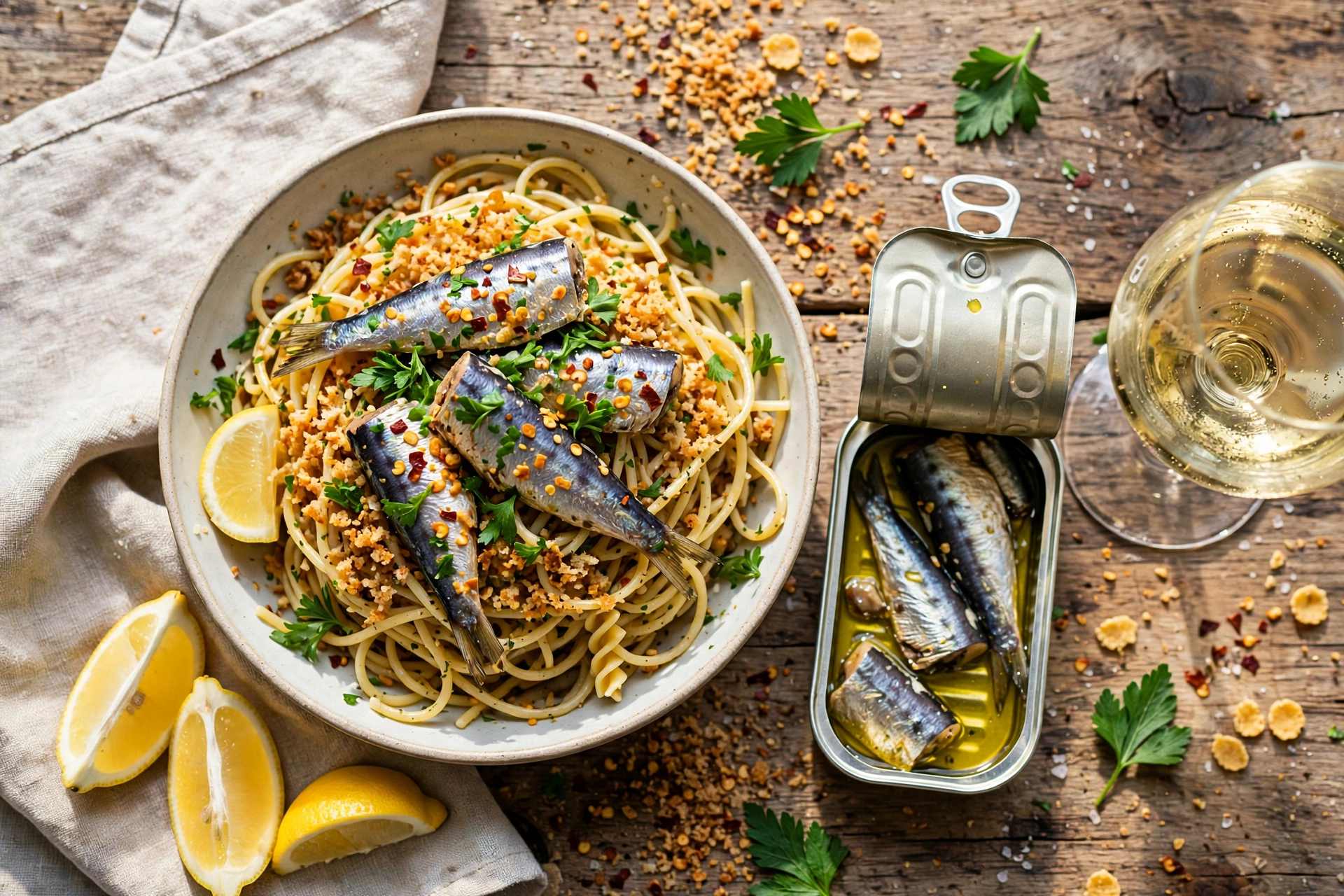 Sardine pasta with breadcrumbs, lemon and chilli