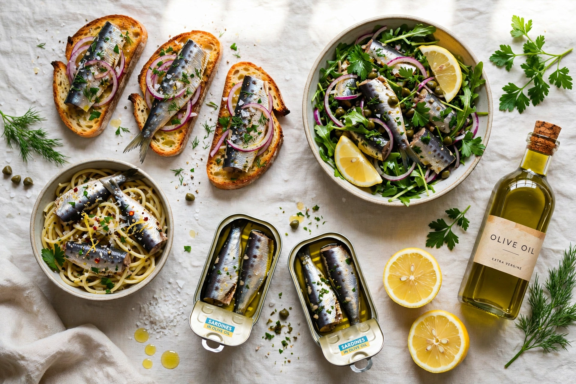A table spread of sardine dishes: toasts, salad, pasta and open tins