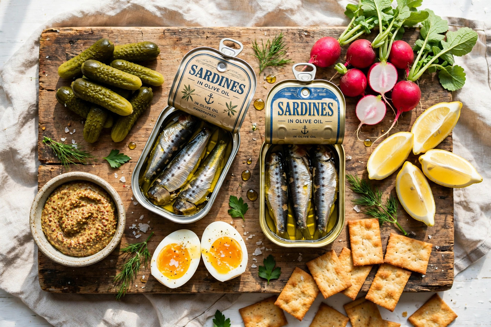 A sardine plate: open tins with pickles, mustard, jammy eggs, radishes, crackers and lemon